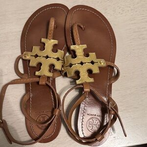 Tory Burch Tan Sandals with Gold Emblem